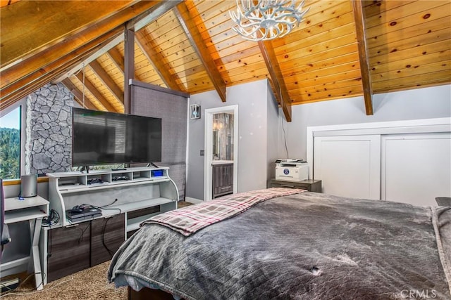 bedroom featuring wooden ceiling and lofted ceiling with beams