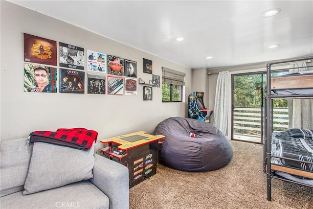 playroom with recessed lighting and carpet flooring