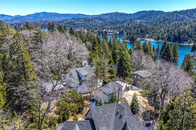 bird's eye view with a water and mountain view and a forest view