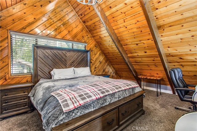 carpeted bedroom featuring wood ceiling, vaulted ceiling with beams, and wooden walls