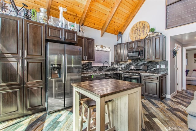 kitchen with a sink, dark brown cabinetry, wood finished floors, wood ceiling, and appliances with stainless steel finishes