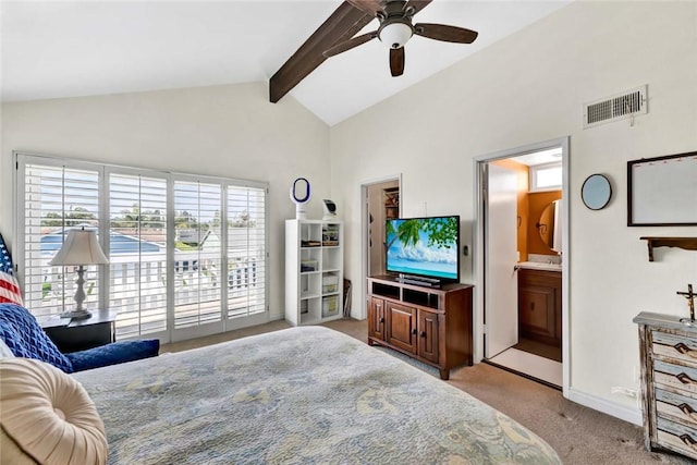 937 Carnation Ave, Costa Mesa, CA 92626 - bedroom featuring carpet, beam ceiling, high vaulted ceiling, ensuite bathroom, and ceiling fan