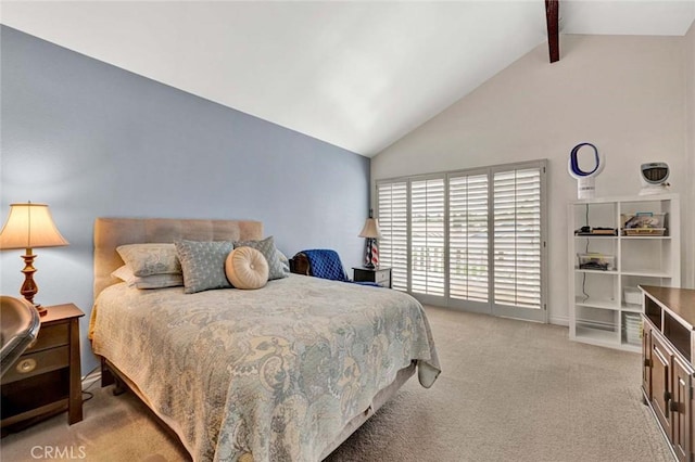 937 Carnation Ave, Costa Mesa, CA 92626 - carpeted bedroom with beamed ceiling, high vaulted ceiling, and access to outside