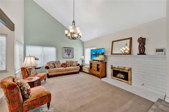 living area featuring high vaulted ceiling, a chandelier, plenty of natural light, carpet, and a brick fireplace
