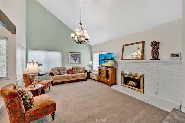 937 Carnation Ave, Costa Mesa, CA 92626 - living area featuring high vaulted ceiling, a chandelier, carpet, and a fireplace