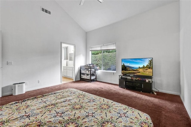 6845 Shubin Ln, Whittier, CA 90606 - bedroom with visible vents, baseboards, carpet flooring, and high vaulted ceiling