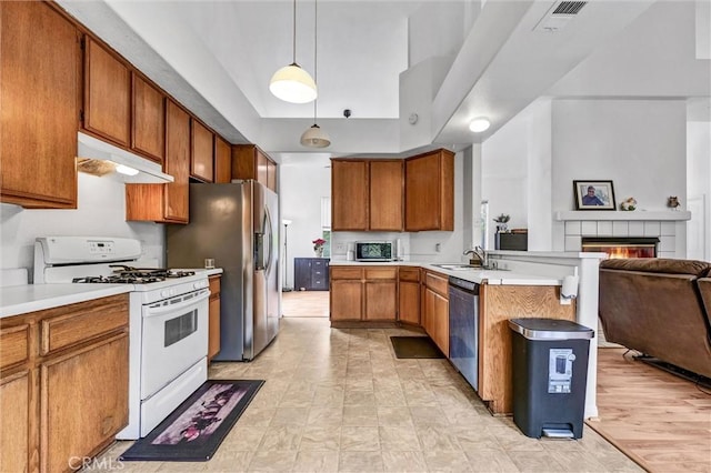 6845 Shubin Ln, Whittier, CA 90606 - kitchen featuring under cabinet range hood, a sink, a peninsula, appliances with stainless steel finishes, and open floor plan