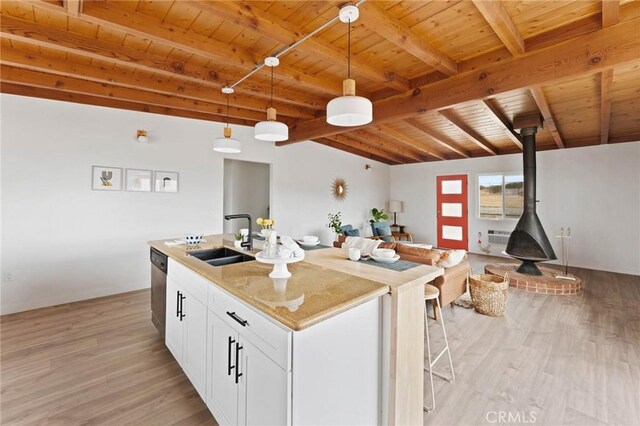 52024 Nehlsen Rd, Johnson Valley, CA 92285 - kitchen with beam ceiling, a sink, wood ceiling, dishwasher, and a wood stove