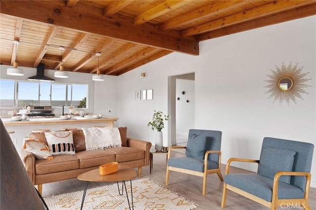 52024 Nehlsen Rd, Johnson Valley, CA 92285 - living area with lofted ceiling with beams, wooden ceiling, and wood finished floors