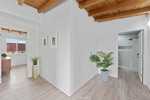 52024 Nehlsen Rd, Johnson Valley, CA 92285 - corridor with light wood-style flooring, beam ceiling, and wooden ceiling