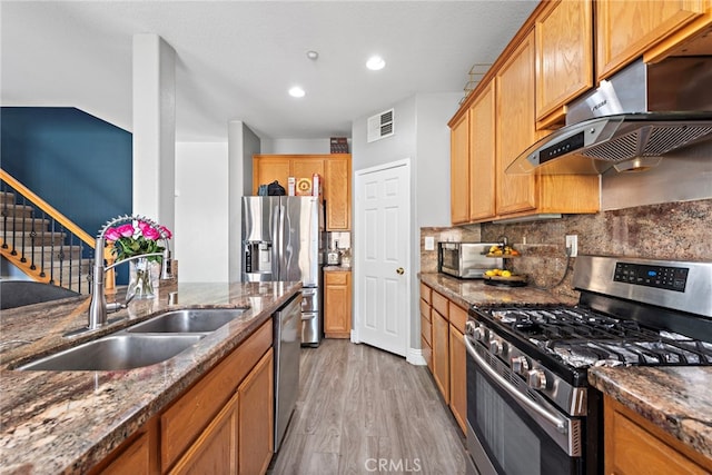 5332 Trailhawk Ave, Fontana, CA 92336 - kitchen featuring a sink, stainless steel appliances, light wood-type flooring, under cabinet range hood, and visible vents