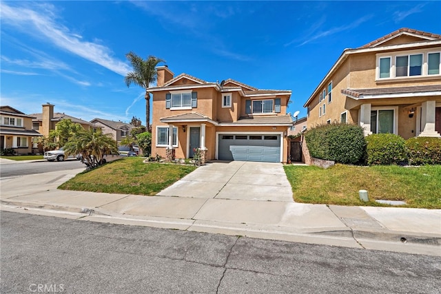 5332 Trailhawk Ave, Fontana, CA 92336 - traditional home with an attached garage, stucco siding, a front yard, a chimney, and driveway