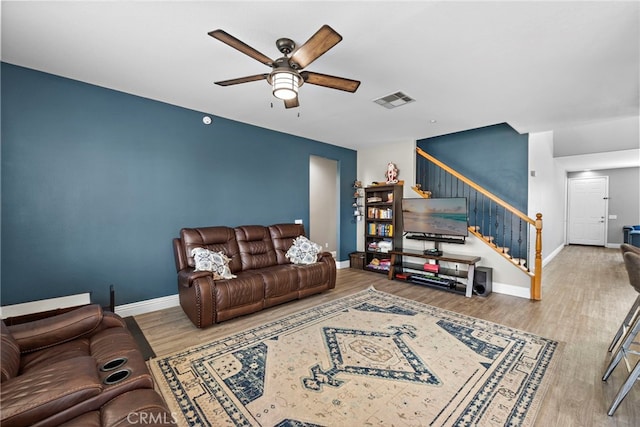 5332 Trailhawk Ave, Fontana, CA 92336 - living room with a ceiling fan, stairs, wood finished floors, and visible vents