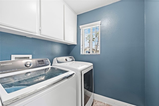 5332 Trailhawk Ave, Fontana, CA 92336 - laundry room featuring cabinet space, separate washer and dryer, a textured wall, and baseboards