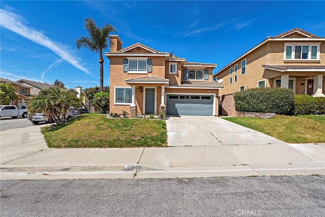 5332 Trailhawk Ave, Fontana, CA 92336 - traditional-style house featuring a chimney, a front yard, a garage, concrete driveway, and stucco siding