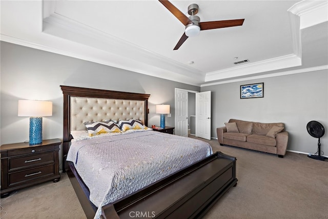 5332 Trailhawk Ave, Fontana, CA 92336 - bedroom featuring visible vents, ornamental molding, a tray ceiling, and light carpet
