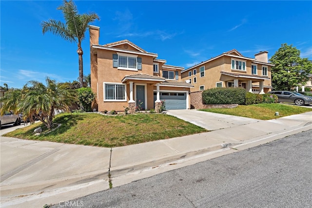 5332 Trailhawk Ave, Fontana, CA 92336 - traditional home with an attached garage, stucco siding, a front yard, a chimney, and driveway