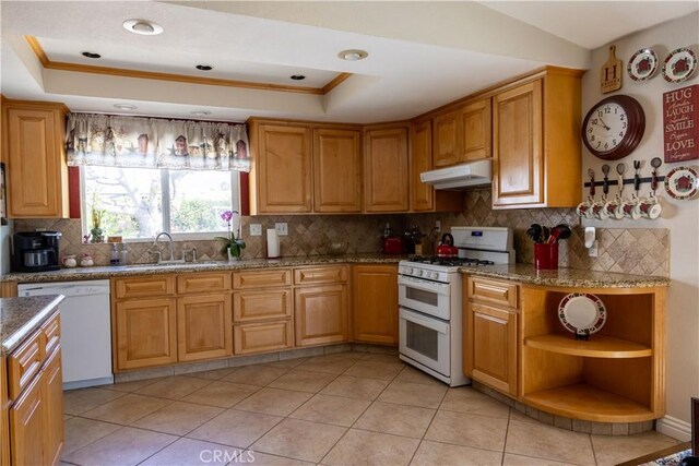 1709 S Helen Ave, Ontario, CA 91762 - kitchen featuring a sink, tasteful backsplash, white appliances, under cabinet range hood, and a raised ceiling