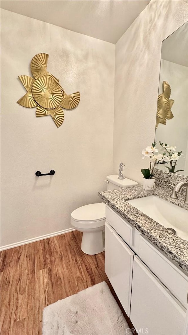 bathroom with wood finished floors, toilet, and vanity