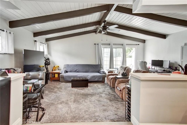 living room featuring a desk, carpet flooring, ceiling fan, and wood ceiling