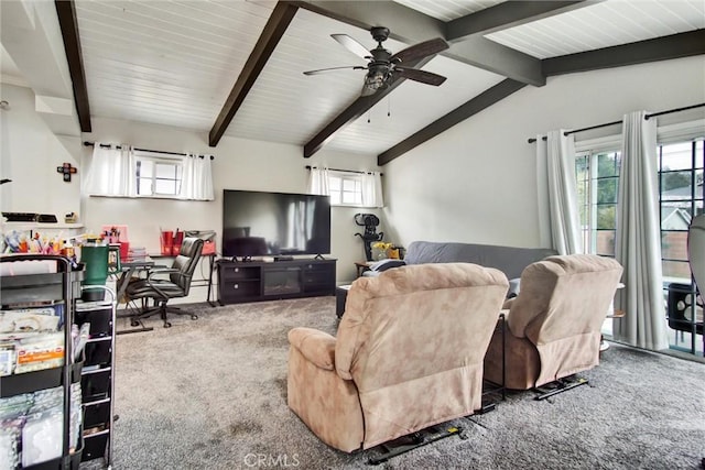 carpeted living area featuring ceiling fan