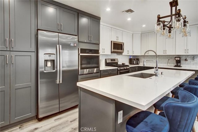 kitchen with appliances with stainless steel finishes, a sink, light wood finished floors, backsplash, and a breakfast bar