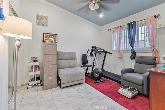 workout room featuring marble finish floor, lofted ceiling, a ceiling fan, and ornamental molding