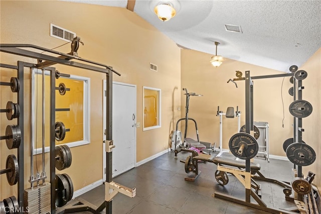 14133 Bayside Dr, Norwalk, CA 90650 - exercise area featuring lofted ceiling, a textured ceiling, and baseboards