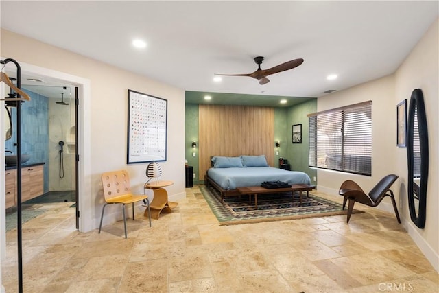57093 Monticello Ct, Yucca Valley, CA 92284 - bedroom featuring recessed lighting, stone tile floors, baseboards, and visible vents