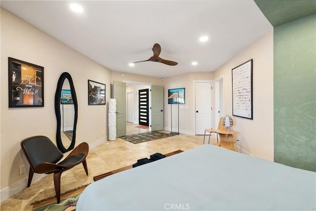 57093 Monticello Ct, Yucca Valley, CA 92284 - bedroom featuring baseboards, a ceiling fan, and recessed lighting