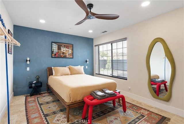 57093 Monticello Ct, Yucca Valley, CA 92284 - bedroom featuring an accent wall, ceiling fan, baseboards, visible vents, and recessed lighting