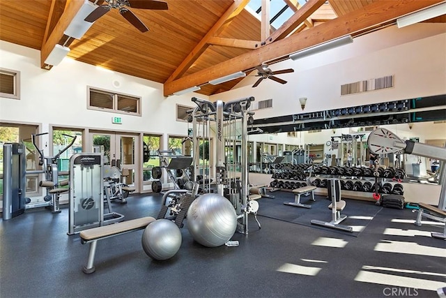workout area with wood ceiling, visible vents, high vaulted ceiling, and ceiling fan