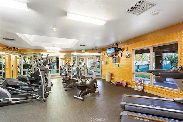 workout area with a tray ceiling, visible vents, and a skylight