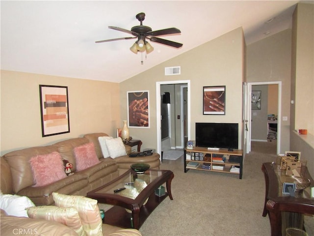 carpeted living area with lofted ceiling, visible vents, and a ceiling fan