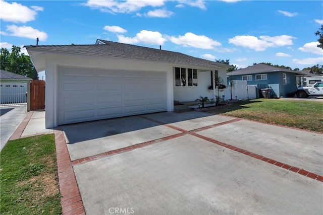 ranch-style home featuring stucco siding, a front lawn, concrete driveway, and fence