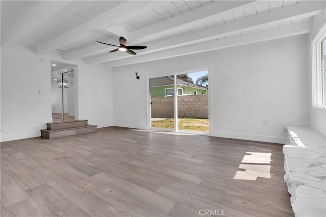 unfurnished living room with a wealth of natural light, wood finished floors, beamed ceiling, and baseboards