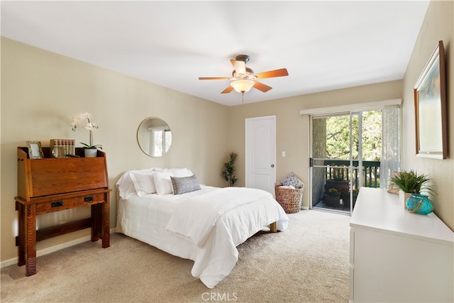 bedroom with light carpet, a ceiling fan, and access to outside