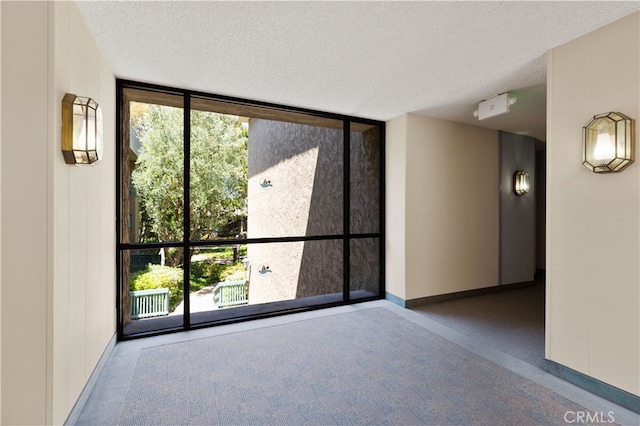 spare room featuring baseboards, a healthy amount of sunlight, a textured ceiling, and floor to ceiling windows