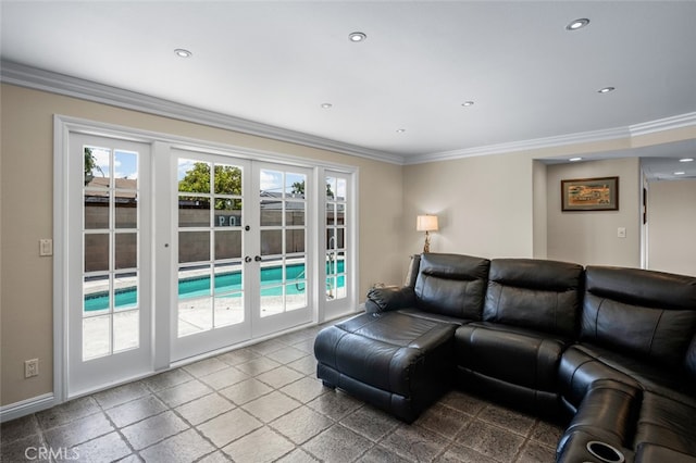 living room with french doors, recessed lighting, ornamental molding, and baseboards