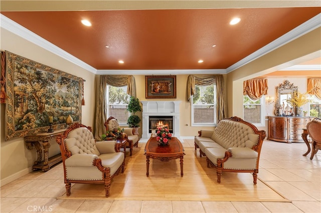 17265 Blue Spruce Ln, Yorba Linda, CA 92886 - living area featuring crown molding, recessed lighting, a lit fireplace, plenty of natural light, and light tile patterned floors