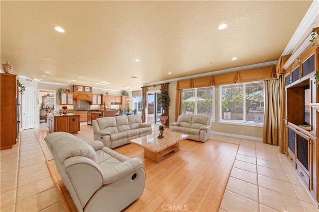17265 Blue Spruce Ln, Yorba Linda, CA 92886 - living room featuring crown molding, recessed lighting, a textured ceiling, baseboards, and light tile patterned floors