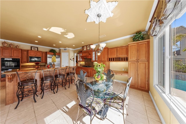 17265 Blue Spruce Ln, Yorba Linda, CA 92886 - dining area with a chandelier, light tile patterned floors, crown molding, and recessed lighting