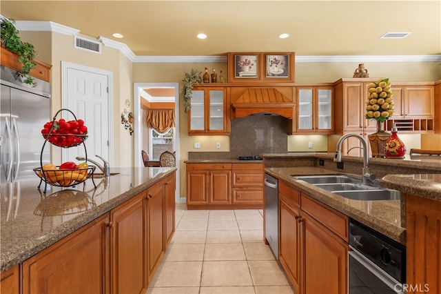 17265 Blue Spruce Ln, Yorba Linda, CA 92886 - kitchen with a sink, ornamental molding, brown cabinets, stainless steel dishwasher, and light tile patterned floors