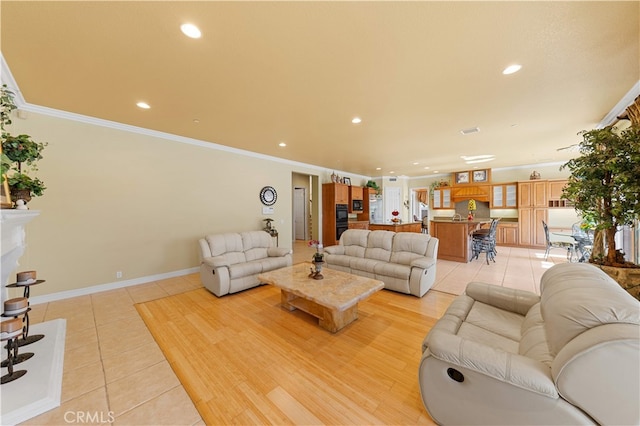 17265 Blue Spruce Ln, Yorba Linda, CA 92886 - living room featuring light tile patterned flooring, ornamental molding, recessed lighting, and baseboards