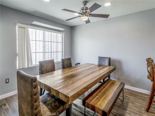 820 W Compton Blvd Unit 5, Compton, CA 90220 - dining space featuring baseboards, wood finished floors, a ceiling fan, and recessed lighting
