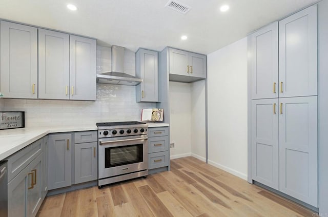3906 Caminito Del Mar Surf, San Diego, CA 92130 - kitchen with stainless steel appliances, wall chimney exhaust hood, gray cabinets, light wood-style floors, and recessed lighting