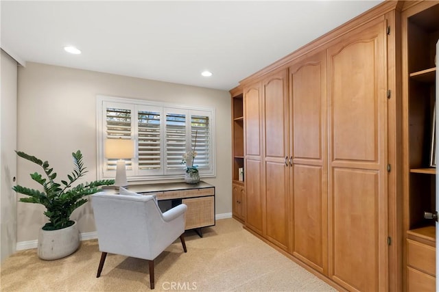 home office with recessed lighting, baseboards, and light colored carpet