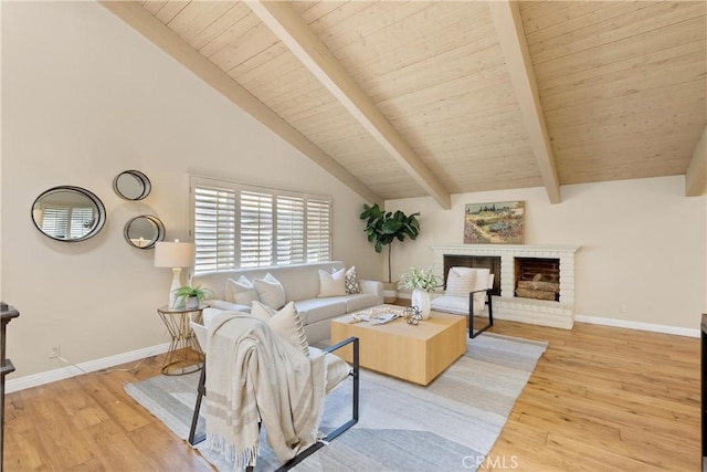 living area with lofted ceiling with beams, baseboards, wood finished floors, and wooden ceiling