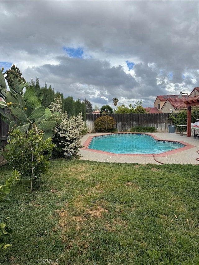 view of swimming pool featuring a fenced in pool, a yard, and a fenced backyard