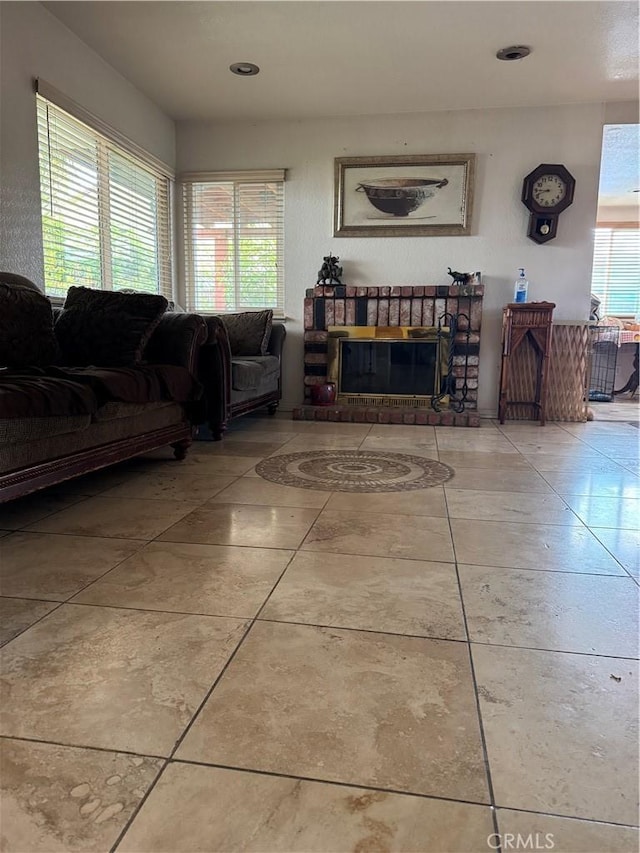 tiled living area with a fireplace
